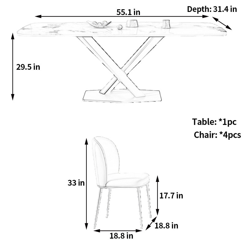 Table de salle à manger et chaises Modern Modern, H 29,5 po x L 55,1 po x l 31,4 po