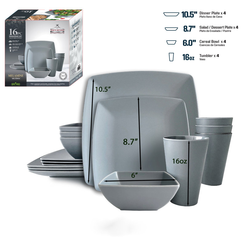 16 Pc Square Melamine Dinnerware Set
