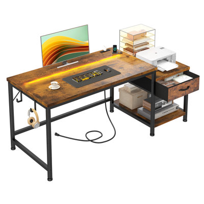 Petit bureau d'ordinateur de 48 po avec tablette pour imprimante et tablettes de rangement, bureau de jeu avec lumières DEL et prise de courant, bureau d'angle réversible avec crochet pour casque d'écoute pour bureau à domicile