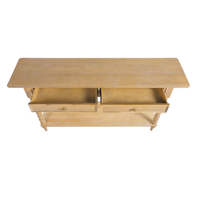 Console rétro avec 2 tiroirs, tablette et pieds sphériques Liora, Naturel