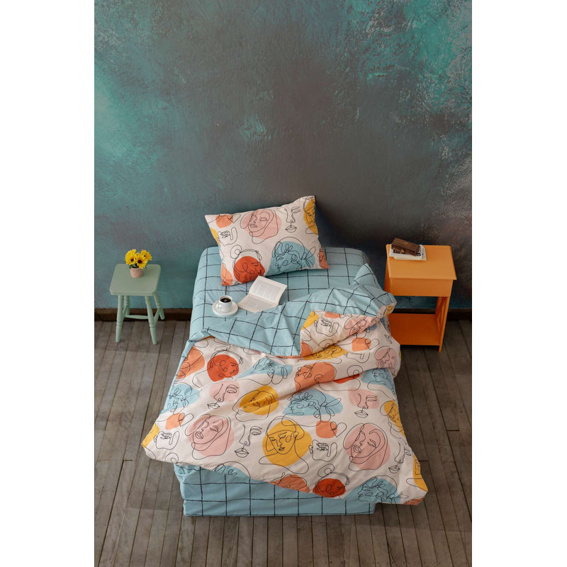Ensemble de housse de couette simple Premium Mint 100% coton Ranforce, housse de couette 63 x 87, drap-housse 39 x 79 + 11,8, taie d'oreiller 20 x 28 | Lavable à la machine, enveloppe et fermeture à boutons, douce et durable