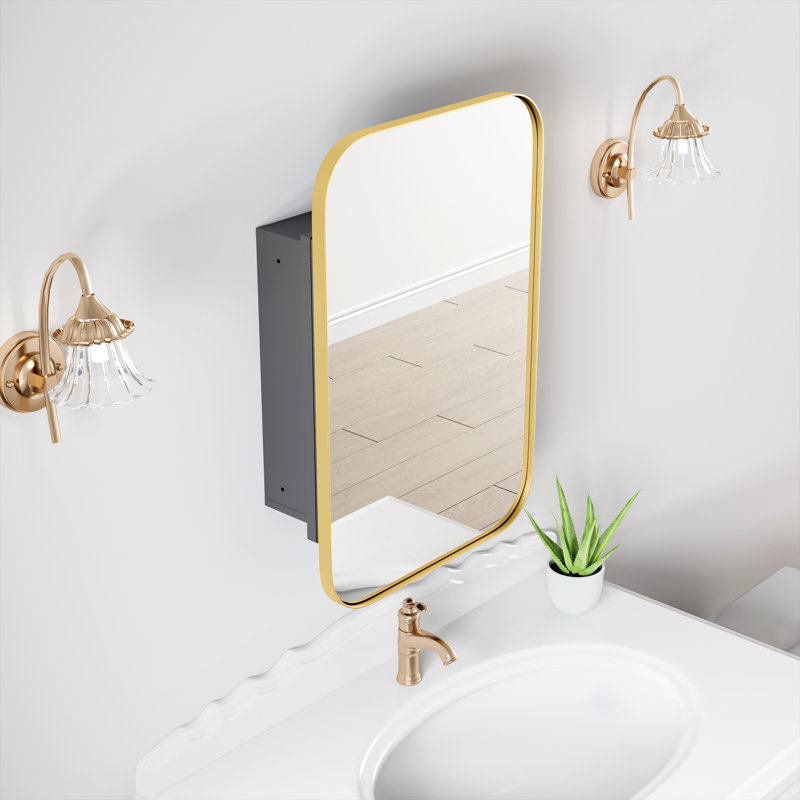 Framed Recessed Wall-mounted Medicine Cabinet with Mirror with Shelves, Gold, 24"H x 16"W x 5"D