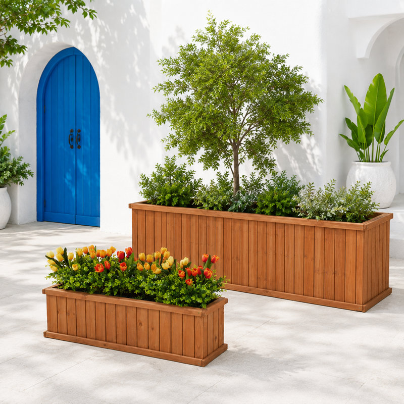 2-Piece Cedar Wood Outdoor Planter Box Set with Drainage, 40-Inch and 72-Inch Rectangular, Brown