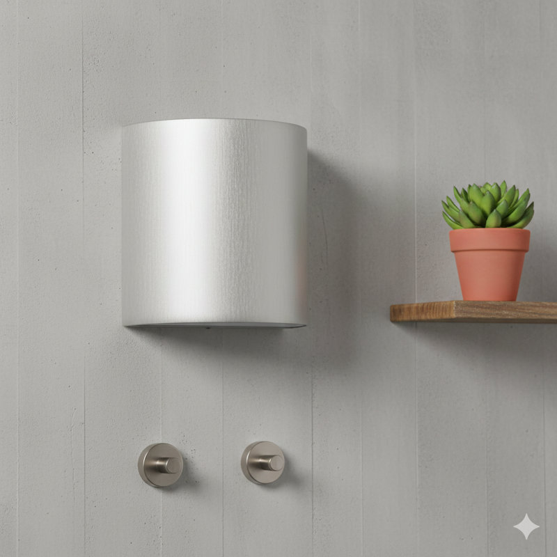 A Wall-Mounted Light Fixture With A Brushed Aluminum Finish And Integrated LED Illumination.