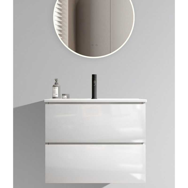 Meuble-lavabo mural - 61 cm (24 po) Blanc brillant avec lavabo en céramique, grand espace de rangement et tiroirs silencieux. Lavabo élégant et fonctionnel. Spacieux et silencieux.