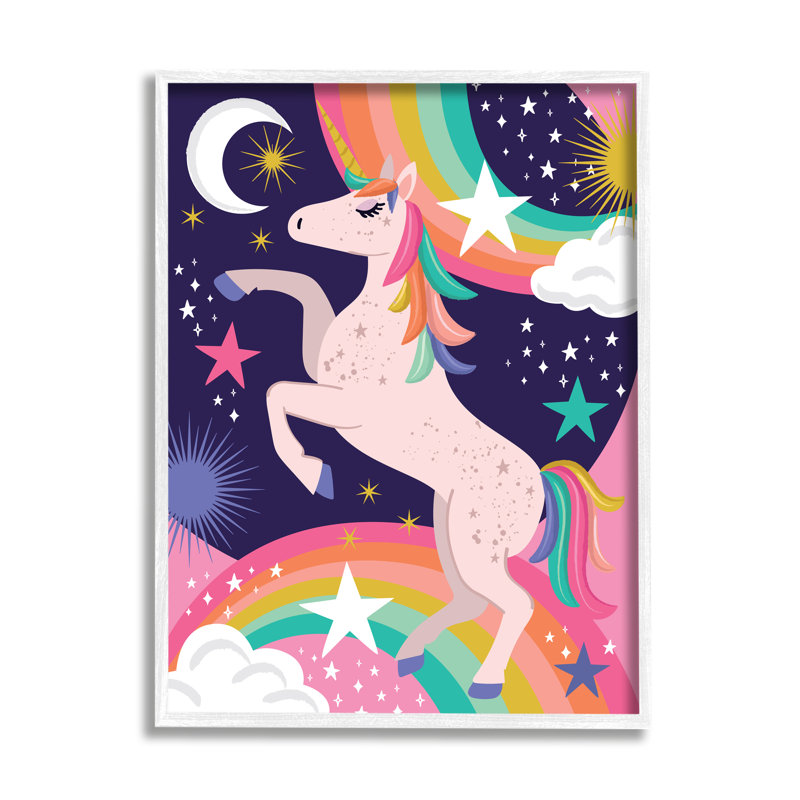 " Magical Space Unicorn Dancing Rainbows Starry Sky ", Coastal White Framed Giclee, 14" H x 11" W x1.5" D