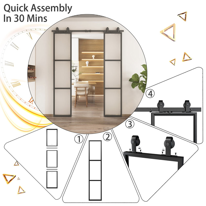 Metal and Tempered Glass Double Sliding Barn Door with Installation Hardware Kit, 2 Sets of Door, Frosted