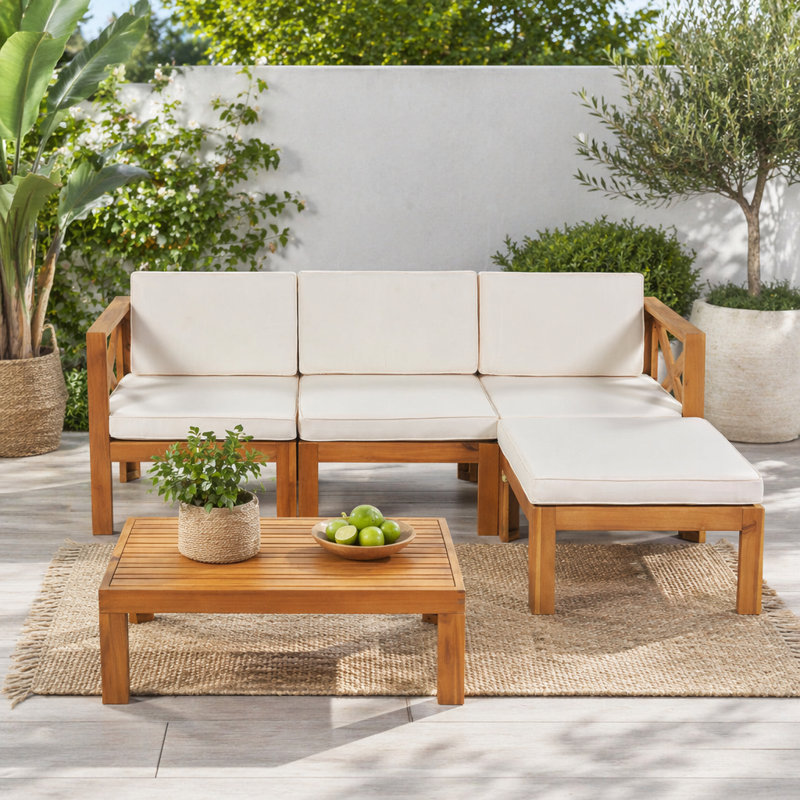 Ensemble de conversation modulaire 5 pièces avec coussins d'extérieur, Finition naturelle + coussins beiges