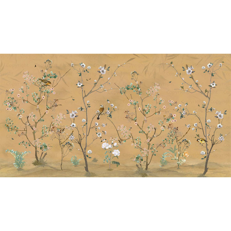 Papier peint floral symphonique peint à la main Serene, Jaune, L 66 po x l 122 po