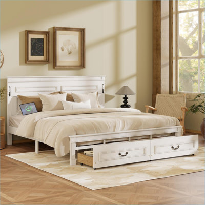 Grand lit à panneaux en pin massif avec tiroirs de rangement sous le lit, chargement par DEL et USB intégrés, style maison de campagne, blanc pur