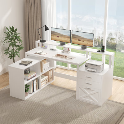 Bureau d'ordinateur en L de 66 po avec tablettes cubiques et armoire Ravleen