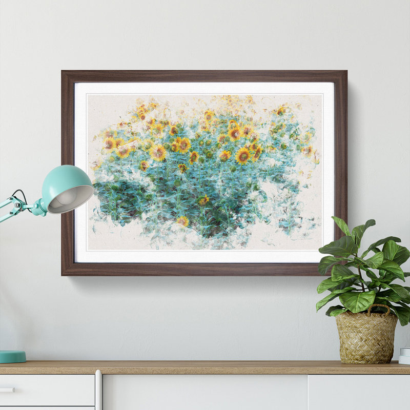 Sunflowers Soon to Bloom Watercolour 1 Piece Single Picture Frame Wall Art on MDF, 45cm H x 63cm W x 2cm D, Walnut Framed