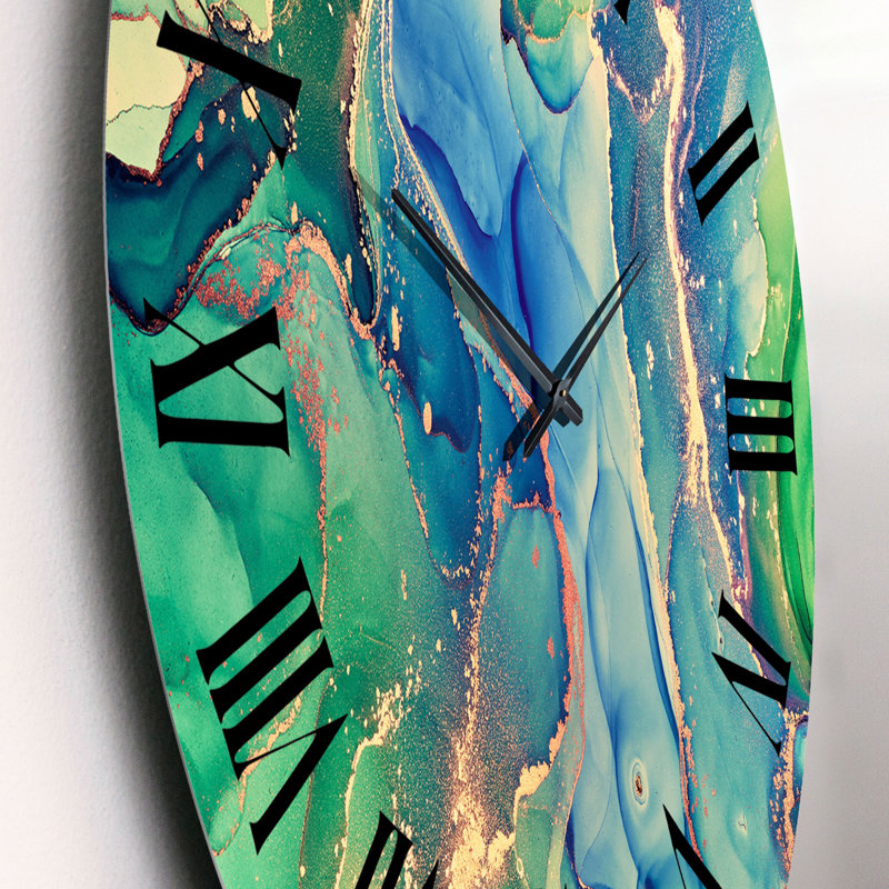 Bleu et vert, art liquide abstrait II - horloge murale moderne, Petit