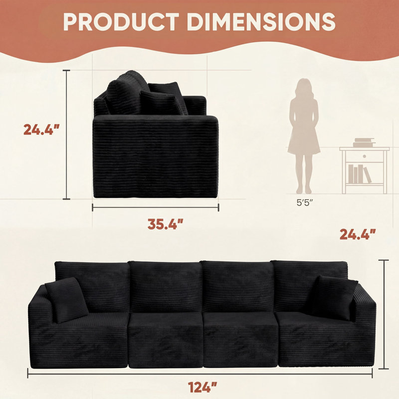 Canapé modulaire Boneless, canapé modulaire en U avec accoudoirs larges, Velours côtelé noir, Droit