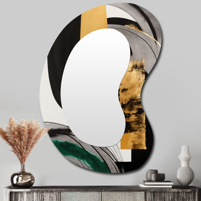 Modern Green Art Deco II - Transitional Unique Shape Decorative Mirror, Modern Asymmetrical Large Wall Mirror, Printed Metal Art