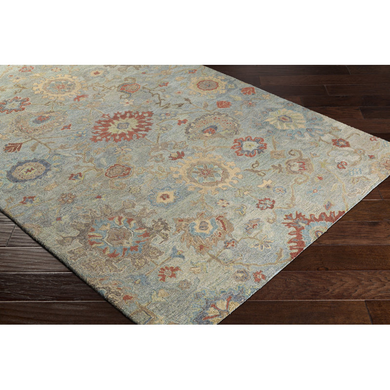 Tapis bleu sarcelle / kaki en laine touffeté à la main Solveg, Rectangle 5 pi x 7 pi 6 po