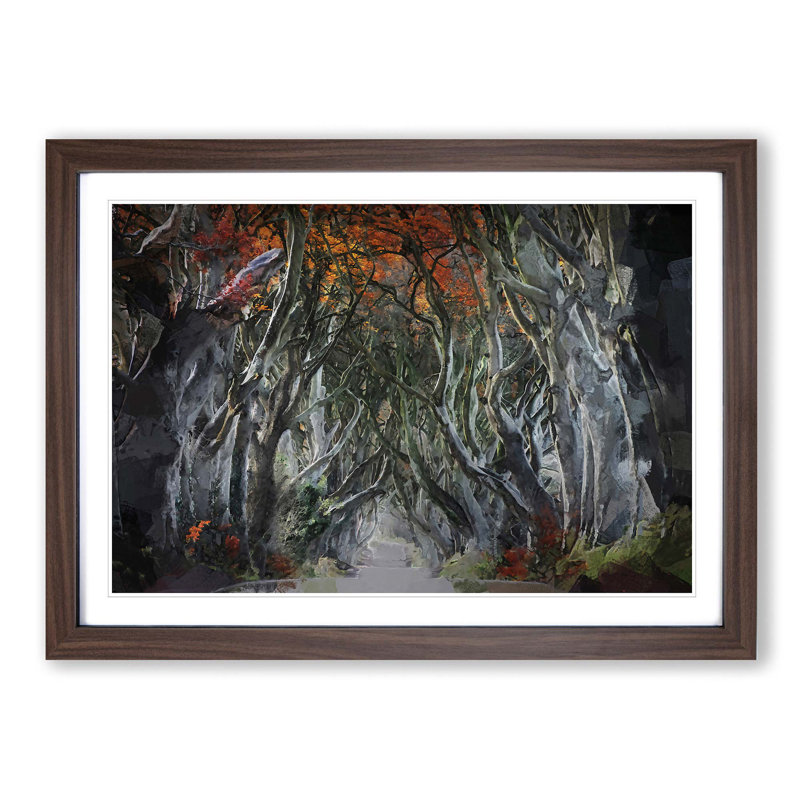 Dark Hedges Tree Road Ireland in Abstract - Picture Frame Graphic Art Print on MDF, Walnut Framed, 27cm H x 36cm W x 2cm D