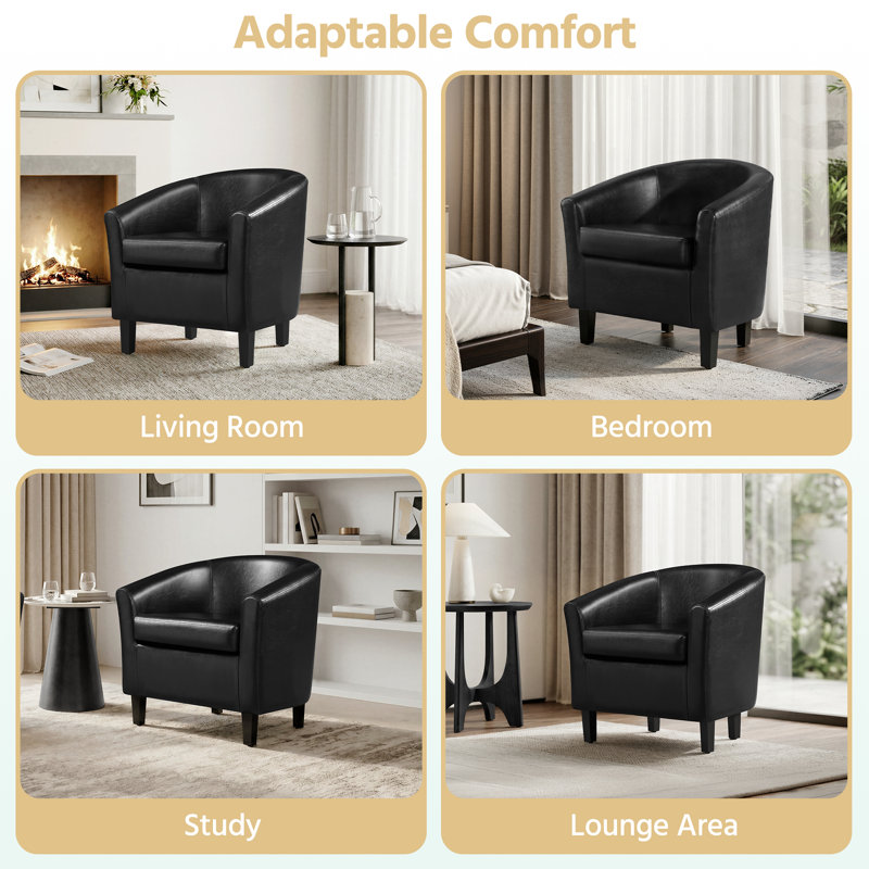 Fauteuil demi-tonneau avec fauteuil club demi-tonneau Seldon, Similicuir noir