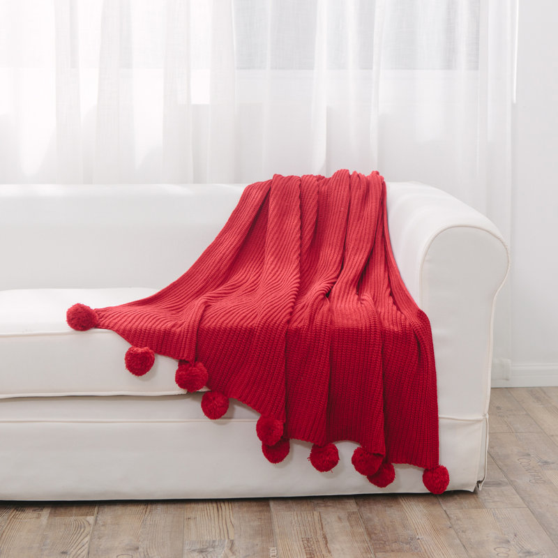 Pong Pongs Knitted Throw Blanket, Red