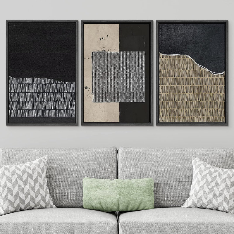 Geometric Line Black Grunge Polygon Line Pattern Abstract Shapes Drawings Framed On Canvas 3 Pieces Print, Black Framed