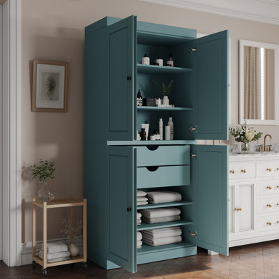 32" W x 71.5" H 100% Solid Wood Freestanding Bathroom Linen Cabinet with Doors, 2 Drawers & Adjustable Shelves – Modular Storage Organizer