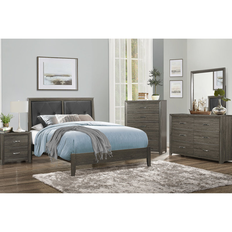 Grand lit gris foncé avec boutons confortables - tête de lit en similicuir et meubles de chambre à coucher à structure en bois: à la mode pour une ambiance sereine