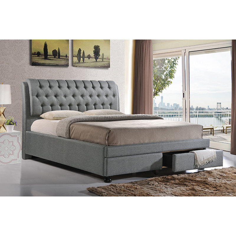 Lit plateforme tapissier avec rangement Melwin, Grand, Gris