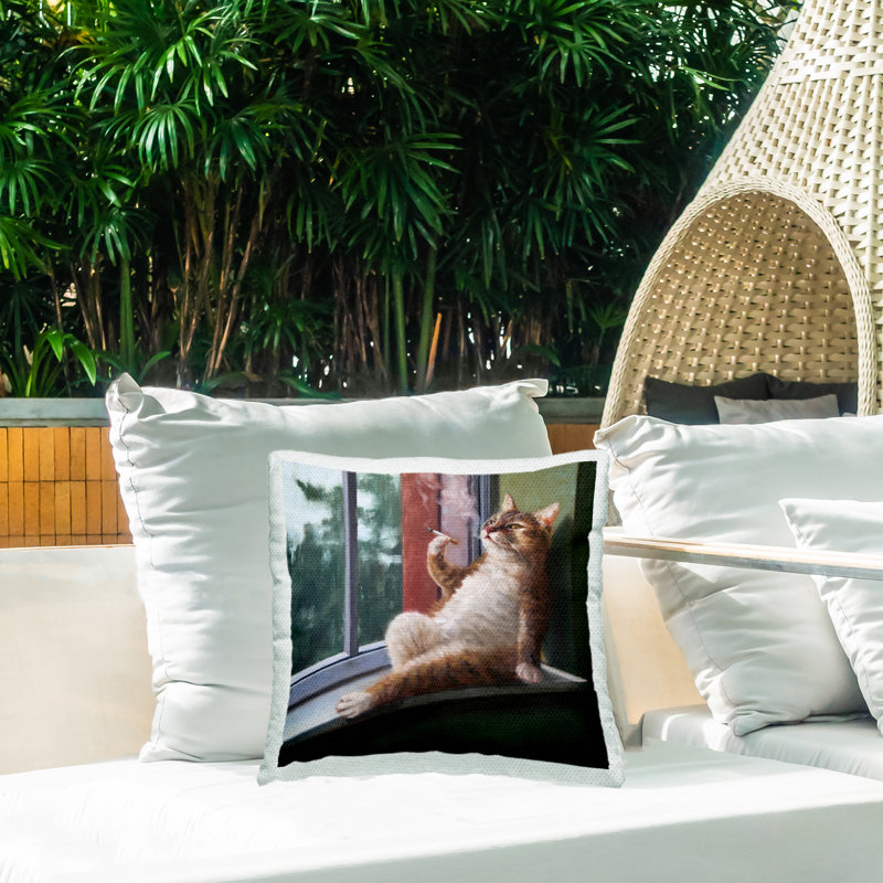Coussin d'extérieur Tabby Cat Relaxing Lounging Daytime Windowsill par Lucia Heffernan