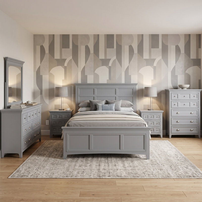 Ensemble de chambre à coucher Genesha, Gris, Grand, Ensemble de six pièces : lit, deux tables de che