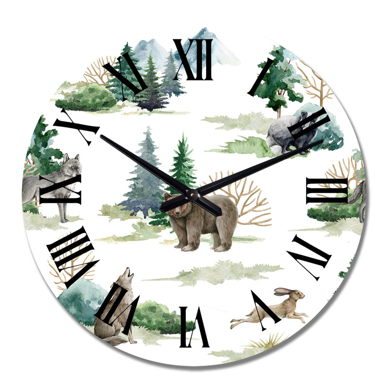 Forest Bear Wolf Rabbit Badger and Fir Trees - Patterned Wall Clock, Medium