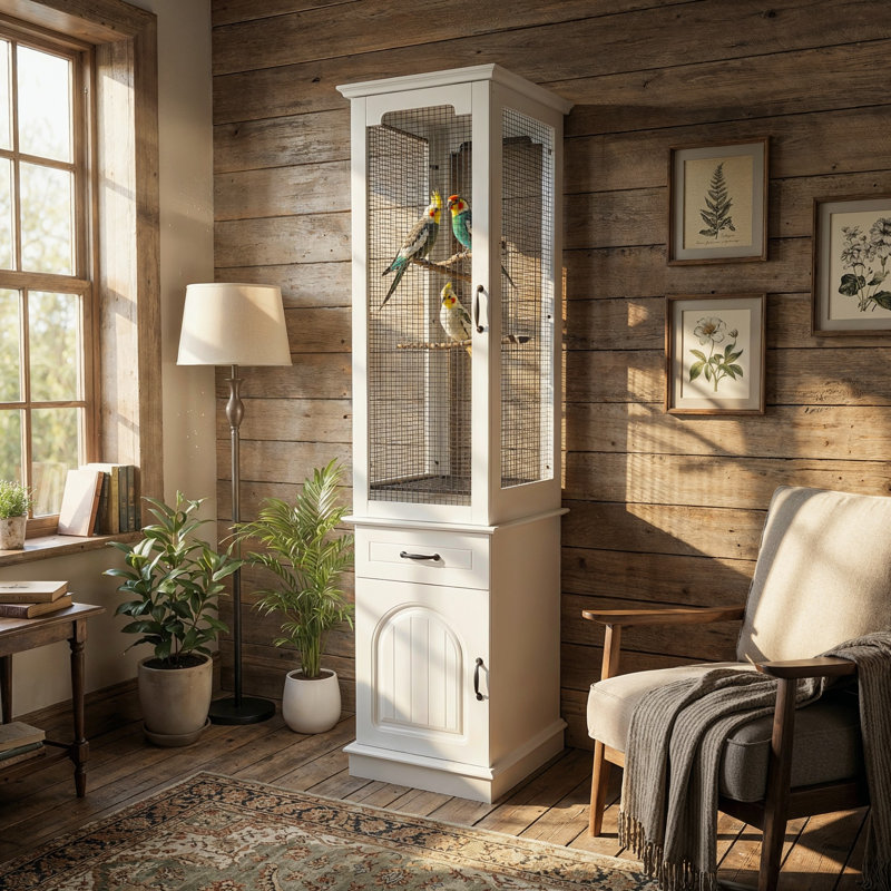 Cage à oiseaux moderne avec armoire de rangement avec plateau amovible et grillage pour petits et moyens oiseaux