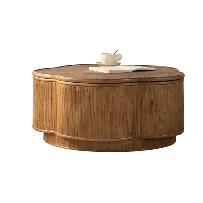 Table basse en rotin en forme de fleur avec rangement amovible, style boho-chic, parfaite pour les salons confortables et les espaces compacts