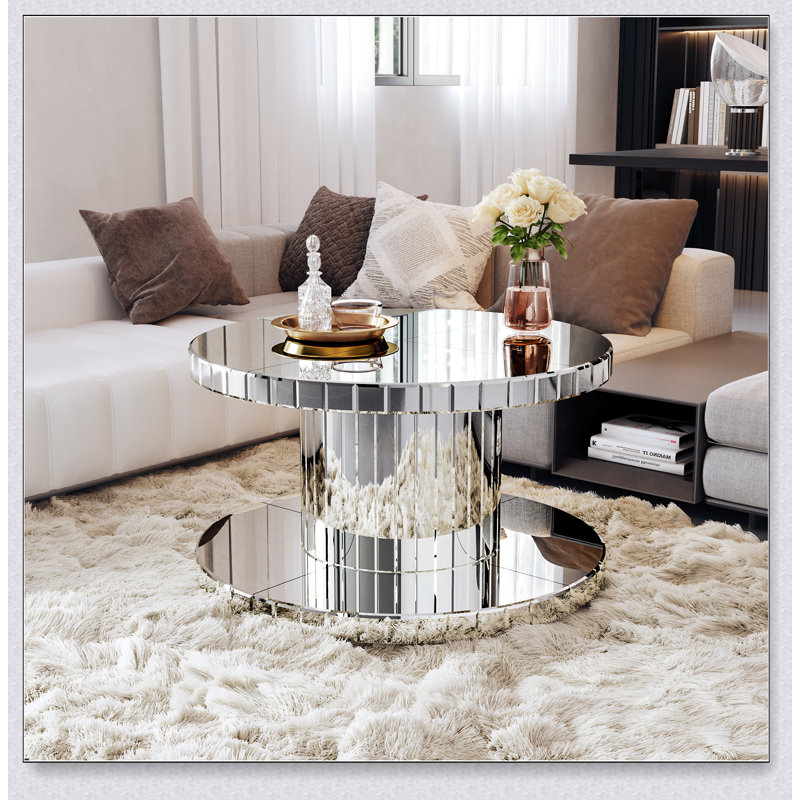 Table basse et miroir de luxe à deux niveaux avec miroir rond et verre cannelé - 31,5 /