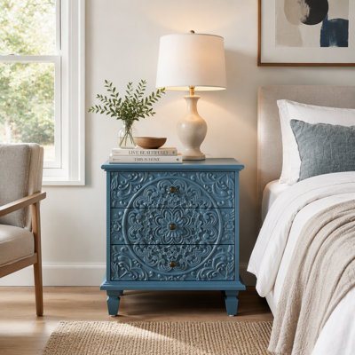 Table de chevet en bois sculpté avec 3 tiroirs pour chambre à coucher, salon Farmhouse