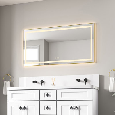 Miroir de meuble-lavabo mural 55 po x 28 po avec façade et rétroéclairage, brouillard, 3 températures de couleur, gradateur continu de salle de bain, miroir de salle de bain à DEL, cadre en aluminium, mémoire dorée brossée