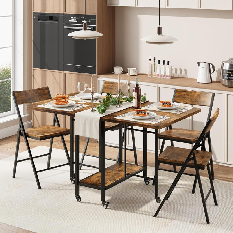 Ensemble de table de salle à manger pour 4 personnes, table de salle à manger pliante avec 4 chaises pliantes, table à abattants et chaises avec roulettes pivotantes, cachette, pour petit espace, cuisine, salle à manger