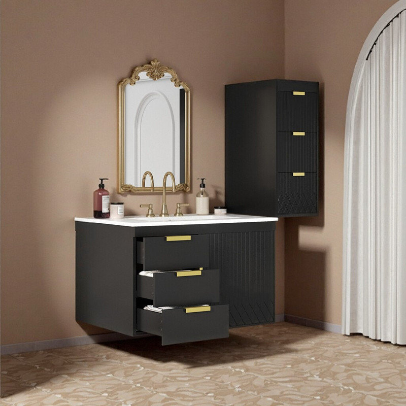 Ensemble de meuble-lavabo mural 30 po avec armoire latérale en céramique et tiroir, Noir