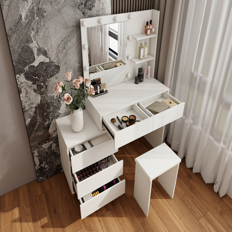 LED Lighted Makeup Vanity Table with Mirror - White Beauty Station with Storage Drawers, Matching Stool, and Organizing Compartments for Makeup Brushes and Cosmetics