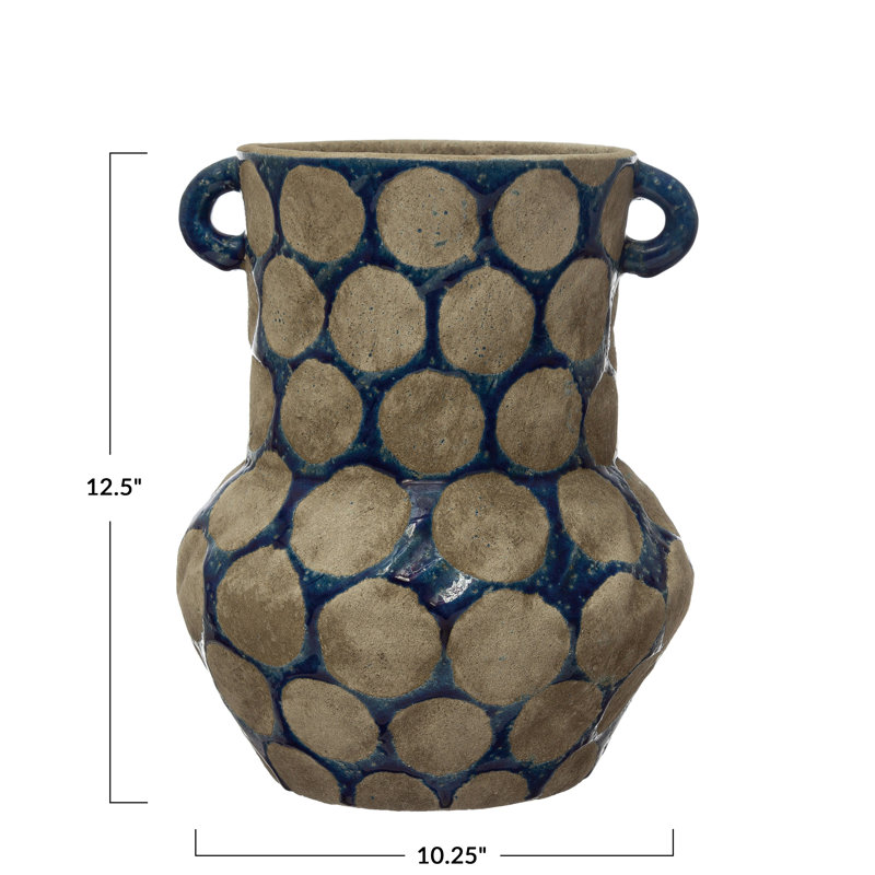 Aayansh Terra-cotta Vase with Wax Relief Dots and Small Decorative Handles, Dark Blue and Cement