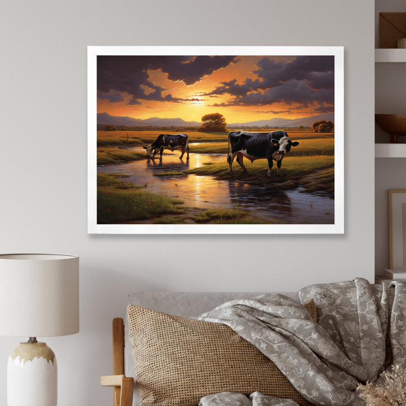 «Kvon Cows At Farm Landscape II», reproduction sur toile, H 34 po x l 44 po x P 1,5 po, Cadre simple blanc