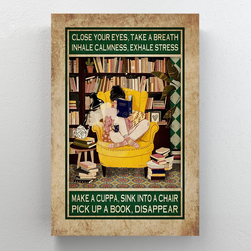 Fille lisant des livres sur Sofar - «Close Your Eyes Take A Breath», reproduction d'art graphique sur toile tendue