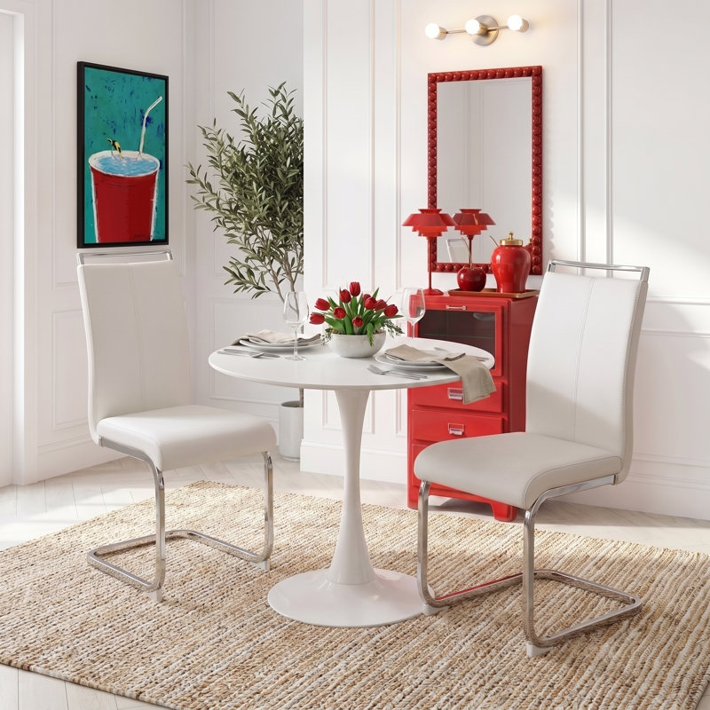Ensemble de salle à manger 3 pièces avec chaises en porte-à-faux en similicuir, Blanc, Blanc blanc, Blanc