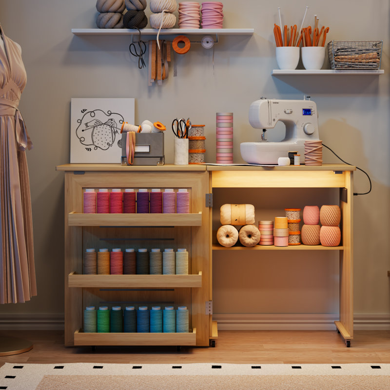 Table de couture pliante avec capteurs à 3 couleurs, station de bricolage avec prises de courant, Beige