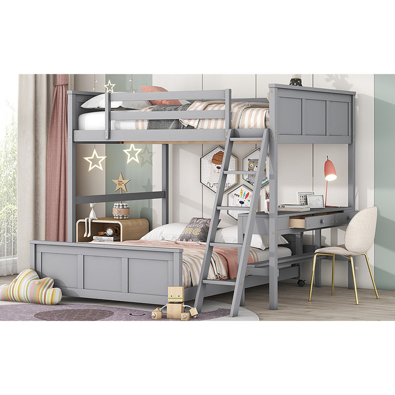 Bunk Bed With Desk, Grey, Full over Full