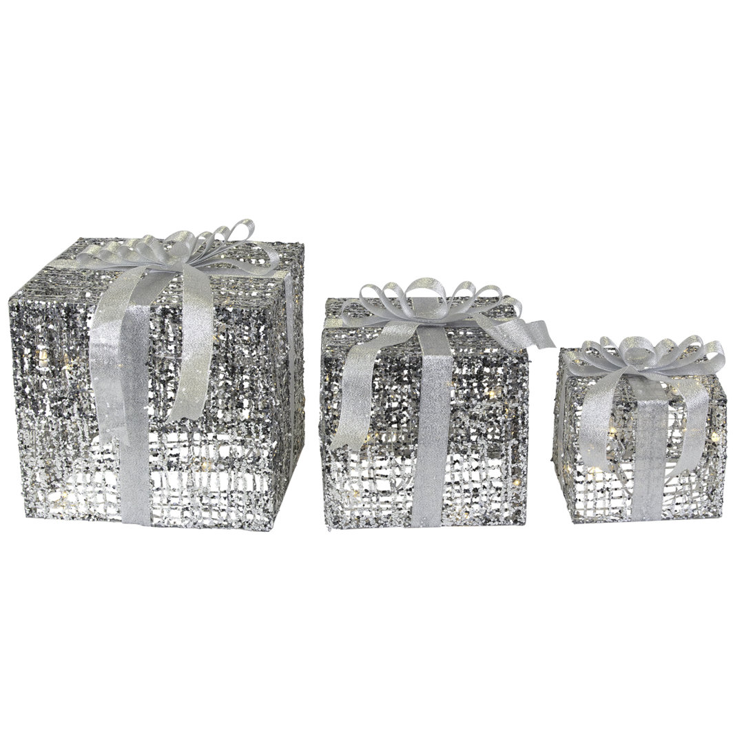 Set of 3 LED Lighted Silver Glitter Threaded Gift Boxes Outdoor Christmas Decoration Northlight Seasonal