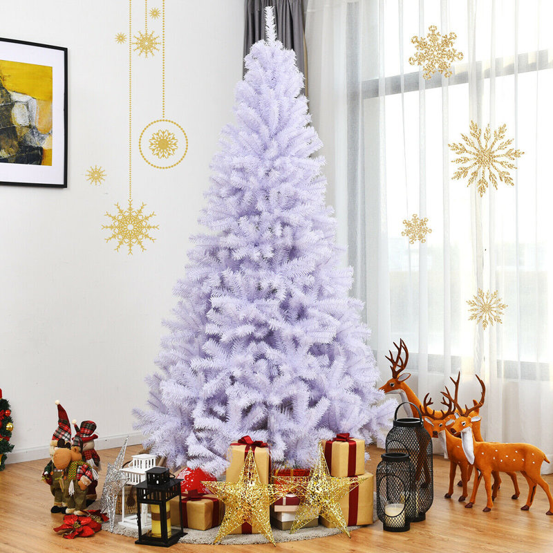Arbre de Noël artificiel à charnière blanc 7,5 pi, pin en PVC non éclairé avec 1346 pointes et base en métal, H 7,5 pi