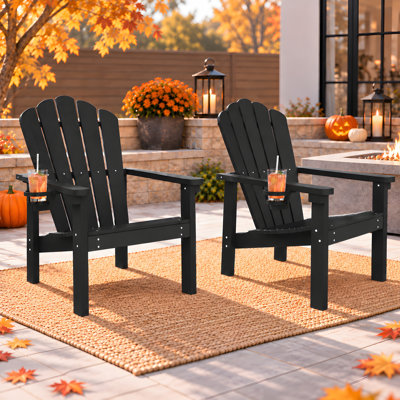 Outdoor HDPE Plastic Stackable Adirondack Chairs with Cup Holders, All-Weather Patio Chairs (Set of 2)