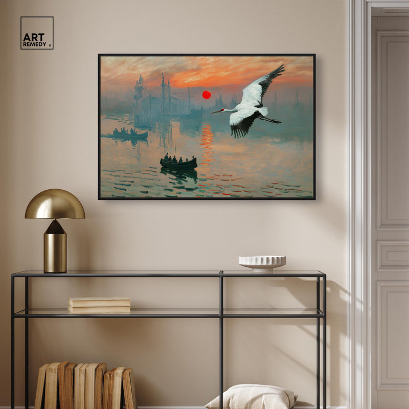 «Crane Sunset», toile par Pet Remedy, H 25 po x l 37 po, Cadre flottant noir