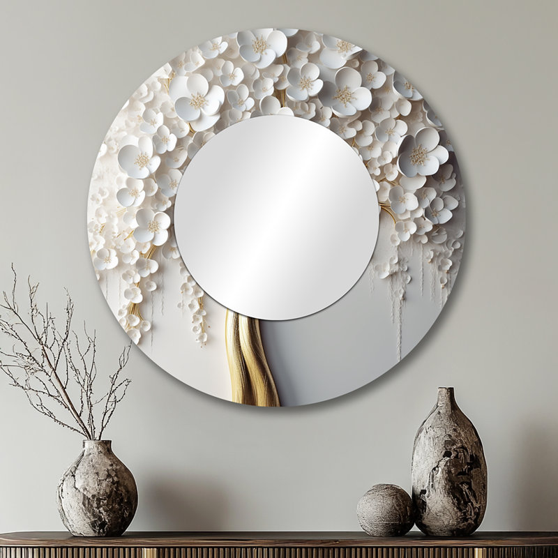 Gaylesville White Orchid Tree Garden Of Branches VII - Floral Tree Unique Wall Mirror Decor, White Large Round Mirror, Printed Metal Art