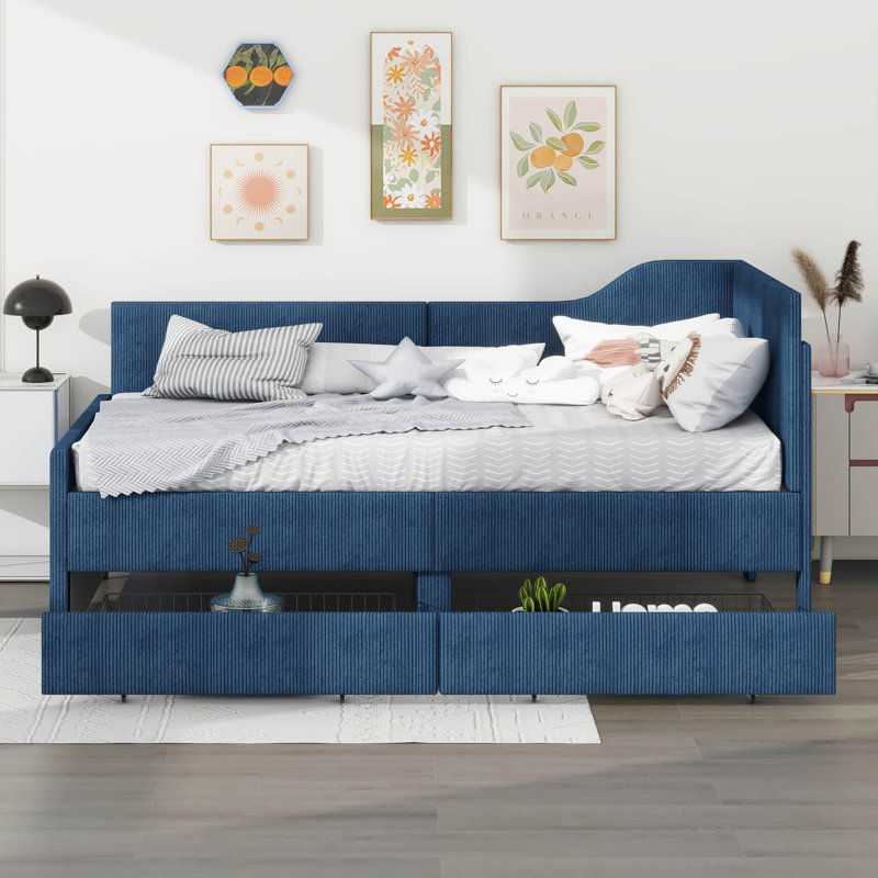 Twin Size Bed Frame Corduroy Upholstered Bed Frame With 2 Storage Drawers, Blue